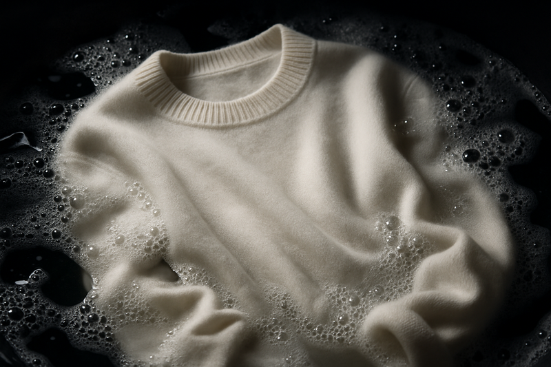 create an image of a white cashmere sweater being soaked in bubble water, make it a very photogenic picture with a dark tone, make it it look like a real photo.
